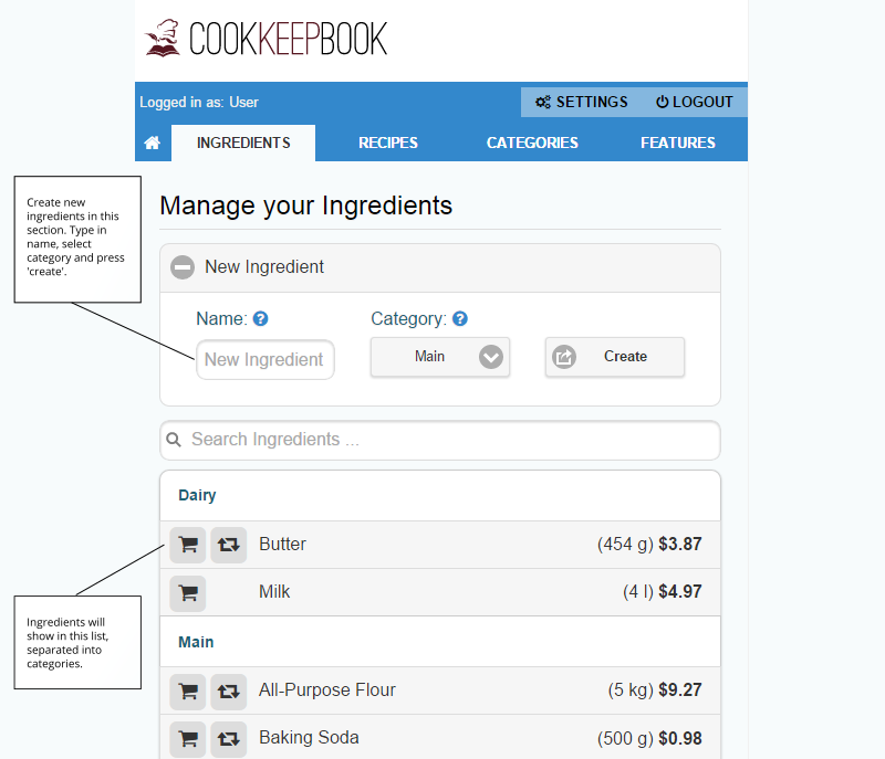 New ingredients in a list in our recipe cost calculator