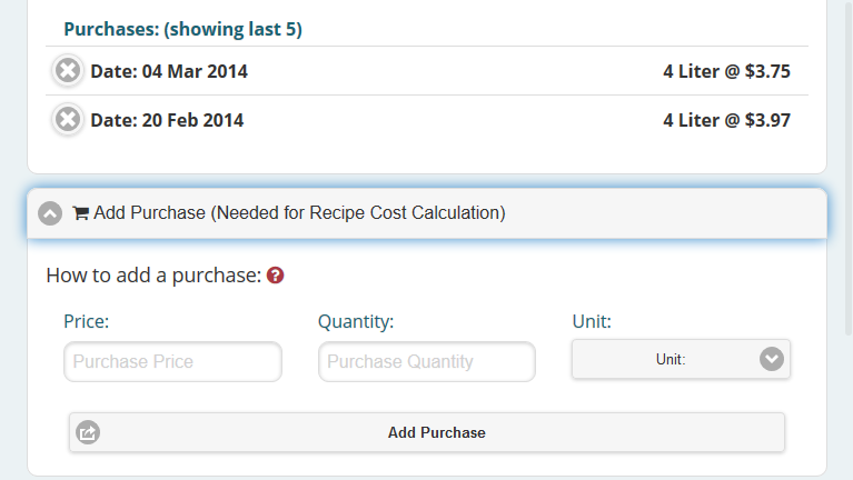 Add a purchase to ingredients to be able to calculate the recipe cost.