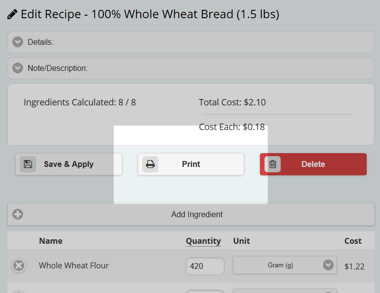 Printing the recipe in your browser.